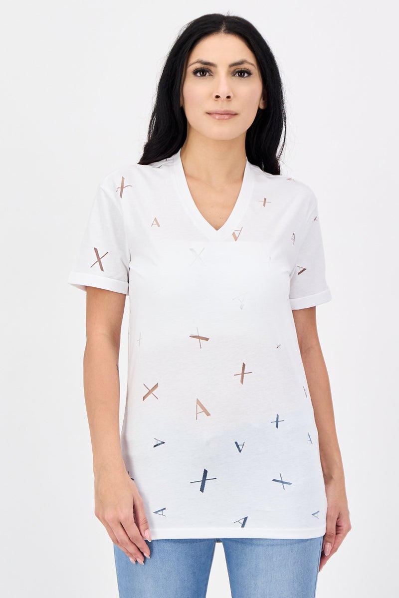 armani AX Armani Exchange Women V-Neck Short Sleeve Textured T-Shirt, White - Image 1